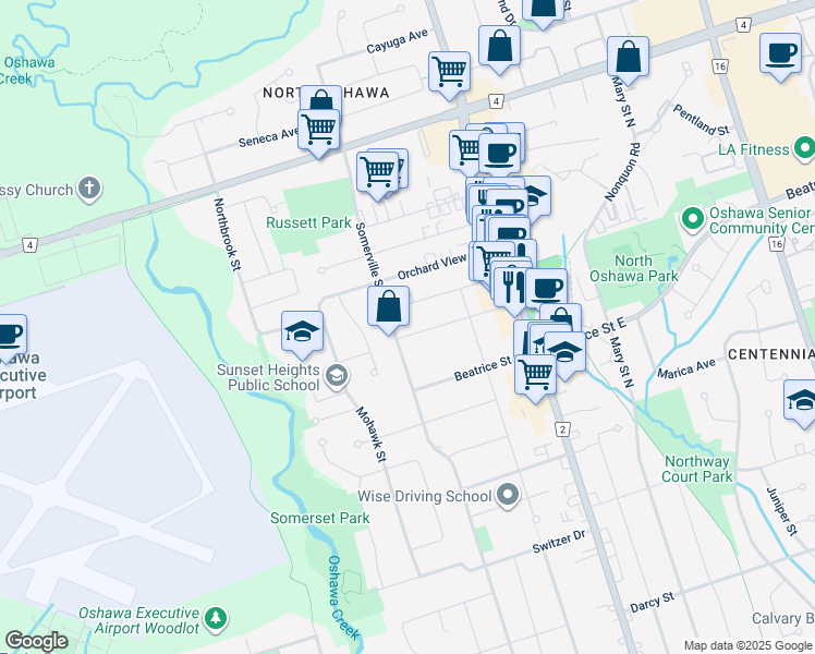 map of restaurants, bars, coffee shops, grocery stores, and more near 91 Tecumseh Avenue in Oshawa