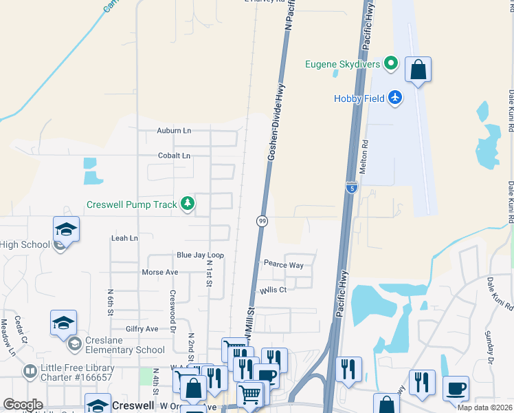 map of restaurants, bars, coffee shops, grocery stores, and more near 83410 Oregon 99 in Creswell