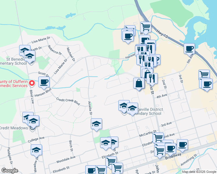 map of restaurants, bars, coffee shops, grocery stores, and more near 120 Goldgate Crescent in Orangeville