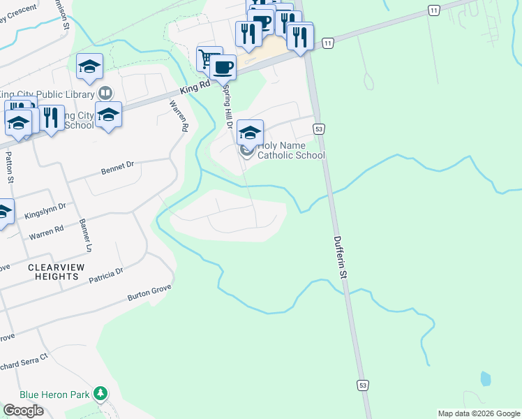 map of restaurants, bars, coffee shops, grocery stores, and more near 85 Spring Hill Drive in King City