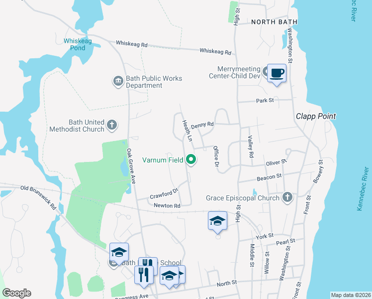 map of restaurants, bars, coffee shops, grocery stores, and more near 60 Denny Road in Bath