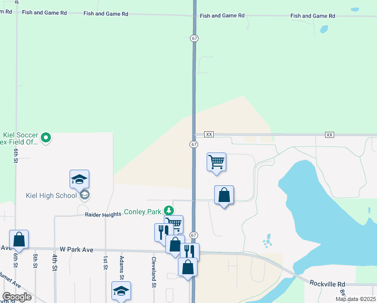 map of restaurants, bars, coffee shops, grocery stores, and more near 14102-14398 Wisconsin 67 in Kiel