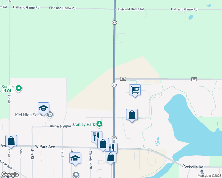 map of restaurants, bars, coffee shops, grocery stores, and more near 14102-14398 Wisconsin 67 in Kiel