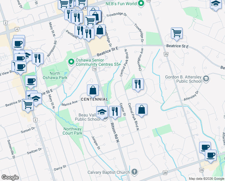 map of restaurants, bars, coffee shops, grocery stores, and more near 1020 Exeter Street in Oshawa