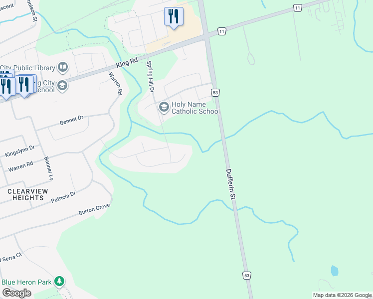 map of restaurants, bars, coffee shops, grocery stores, and more near 85 Spring Hill Drive in King City