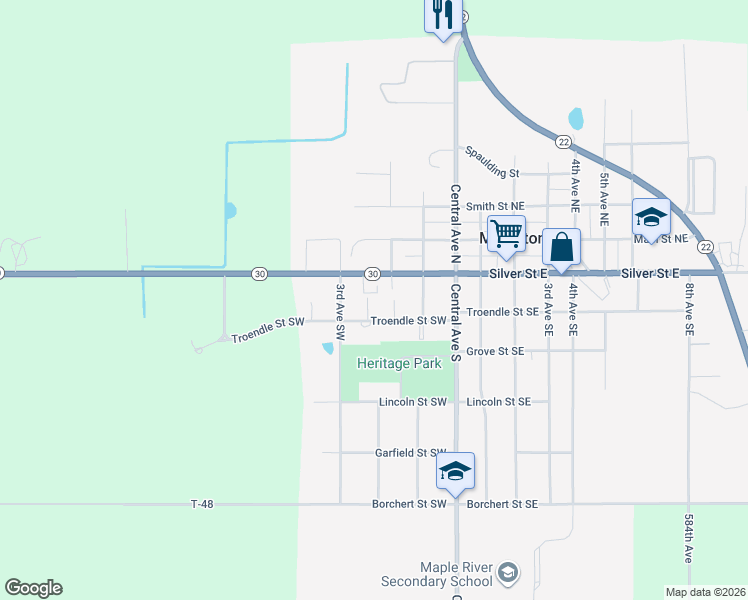 map of restaurants, bars, coffee shops, grocery stores, and more near 309 Silver Street West in Mapleton