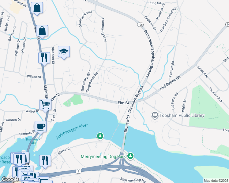 map of restaurants, bars, coffee shops, grocery stores, and more near Fair Circle in Topsham