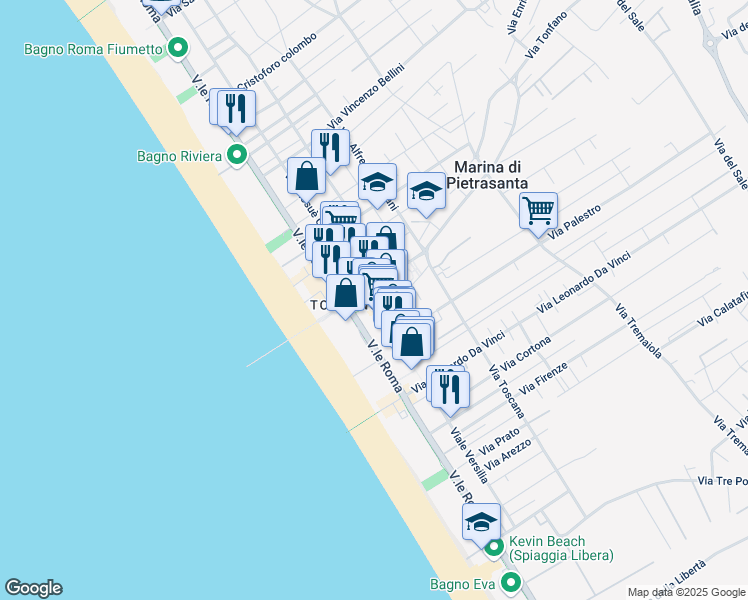map of restaurants, bars, coffee shops, grocery stores, and more near 27 Via Giosuè Carducci in Pietrasanta