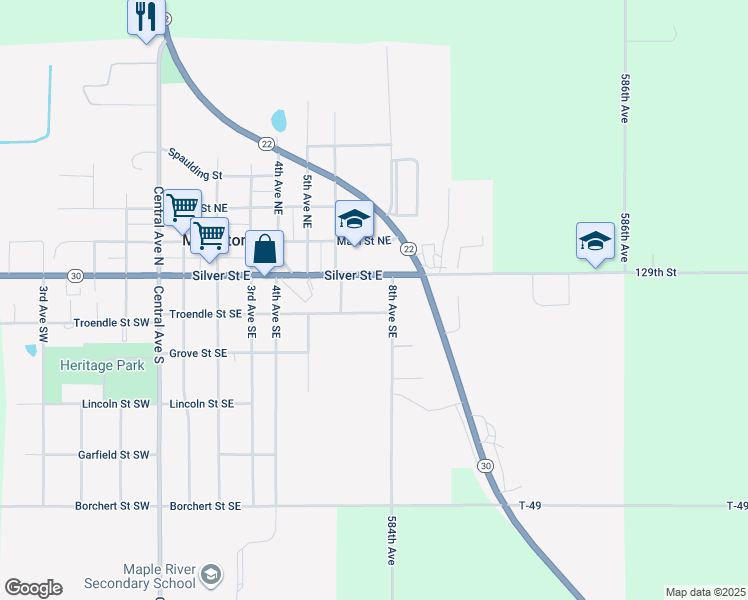 map of restaurants, bars, coffee shops, grocery stores, and more near 705 Silver Street East in Mapleton