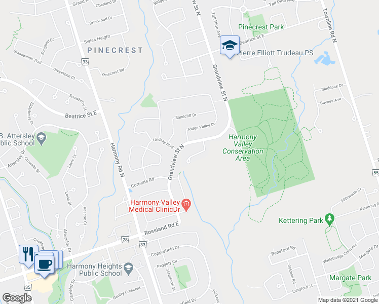 map of restaurants, bars, coffee shops, grocery stores, and more near 1000 Grandlea Court in Oshawa