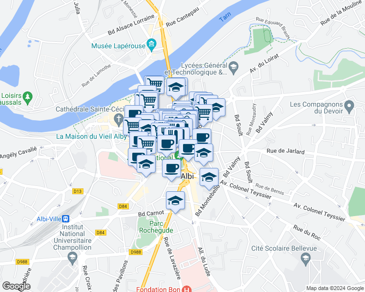map of restaurants, bars, coffee shops, grocery stores, and more near Place du Vigan in Albi