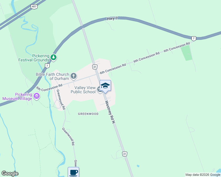 map of restaurants, bars, coffee shops, grocery stores, and more near 3555 Westney Road North in Pickering