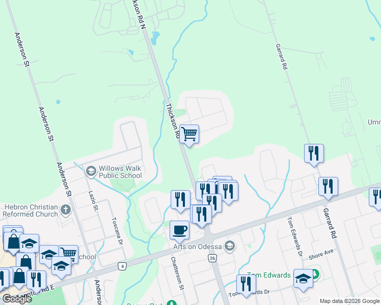 map of restaurants, bars, coffee shops, grocery stores, and more near 4205 Thickson Road in Whitby