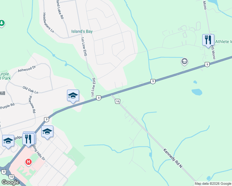 map of restaurants, bars, coffee shops, grocery stores, and more near 0 Ontario 9 in Orangeville