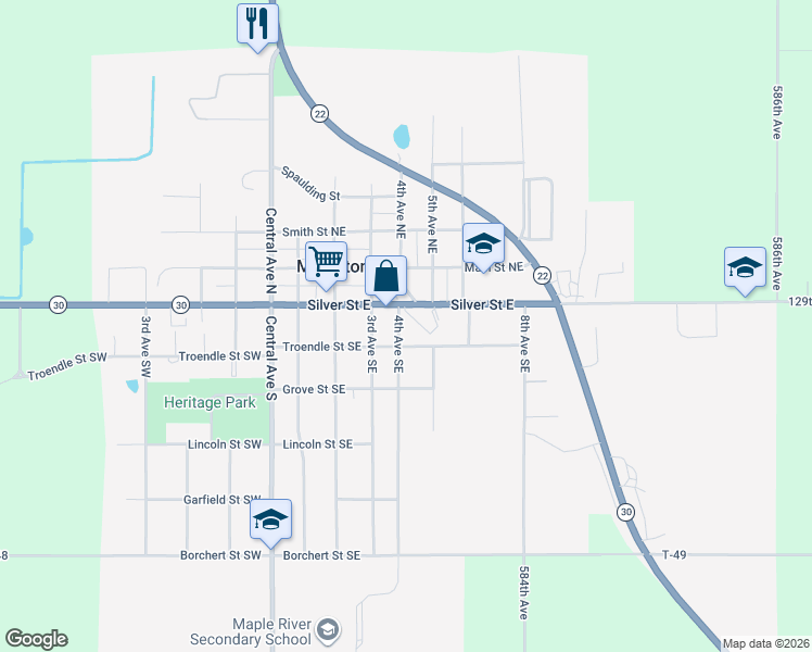map of restaurants, bars, coffee shops, grocery stores, and more near 503 Silver Street East in Mapleton