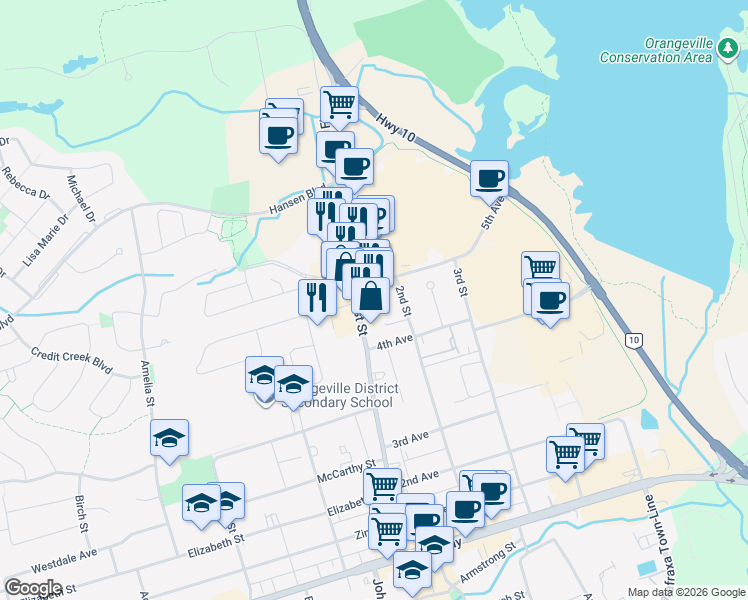 map of restaurants, bars, coffee shops, grocery stores, and more near 75 First Street in Orangeville