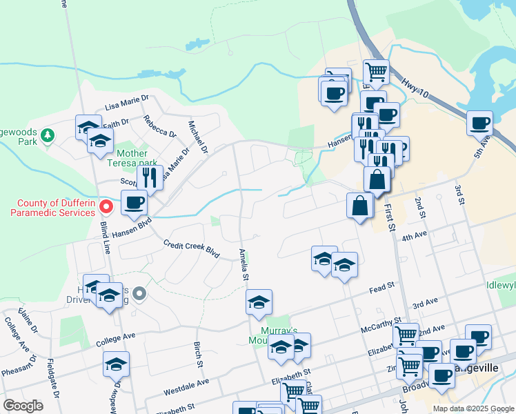 map of restaurants, bars, coffee shops, grocery stores, and more near 22 Woodvale Court in Orangeville