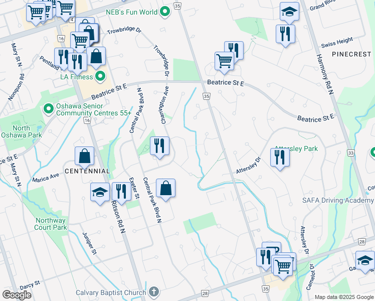 map of restaurants, bars, coffee shops, grocery stores, and more near Paddington Crescent in Oshawa