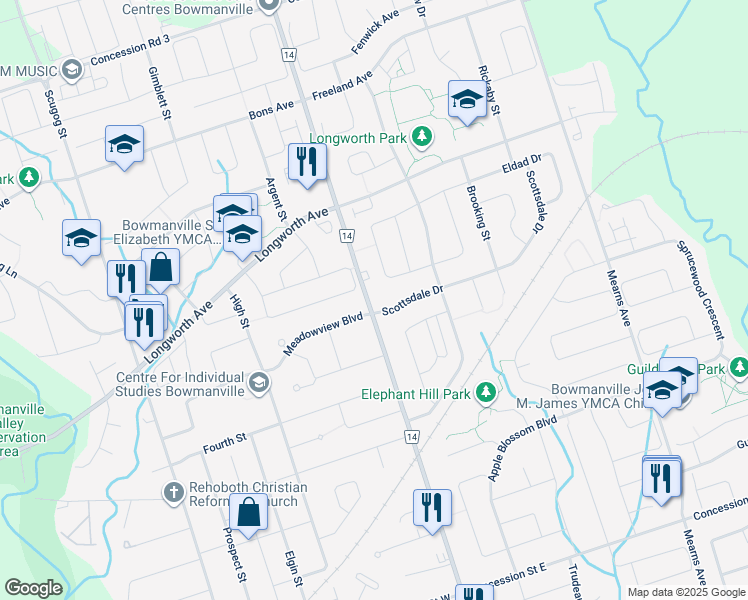 map of restaurants, bars, coffee shops, grocery stores, and more near 245 Durham Regional Road 14 in Bowmanville