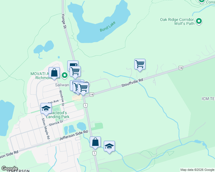 map of restaurants, bars, coffee shops, grocery stores, and more near 130 Stouffville Road in Richmond Hill