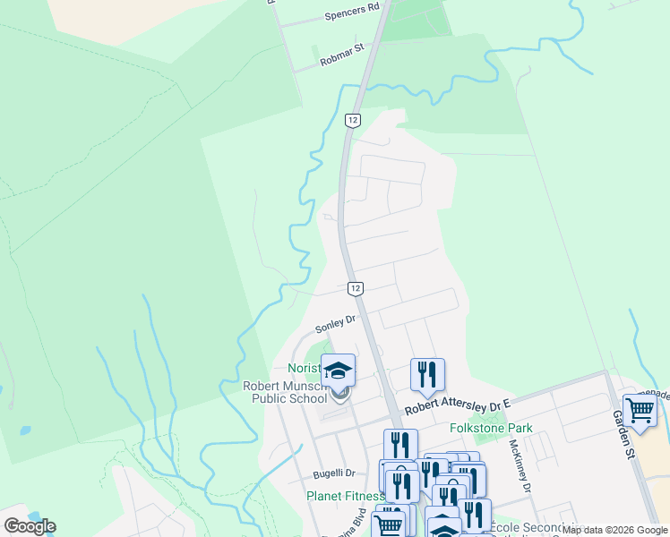 map of restaurants, bars, coffee shops, grocery stores, and more near 4700 Durham Regional Highway 12 in Whitby