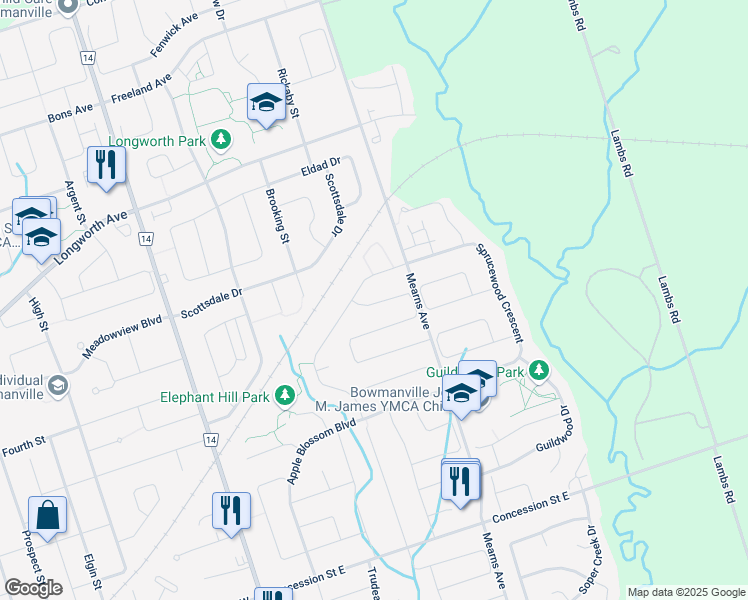 map of restaurants, bars, coffee shops, grocery stores, and more near in Bowmanville