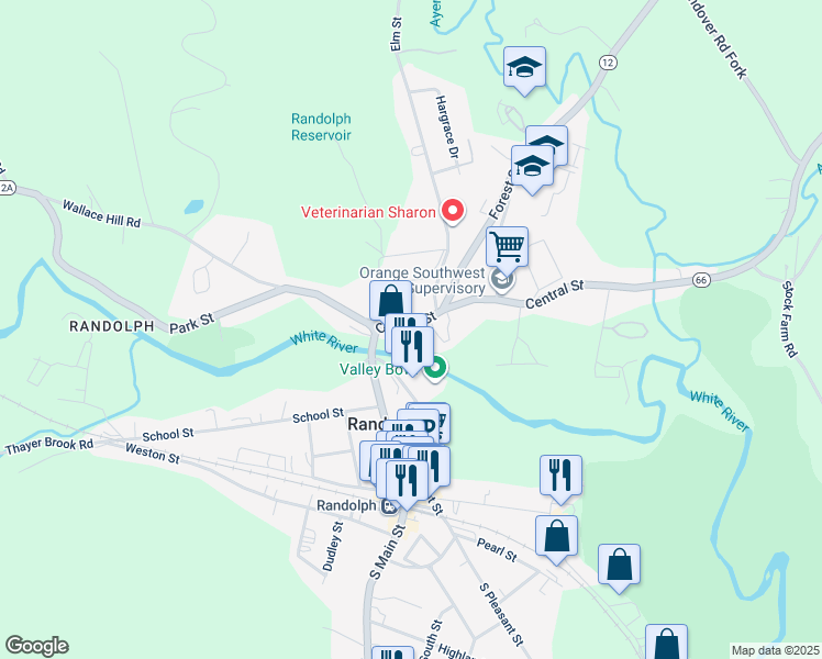 map of restaurants, bars, coffee shops, grocery stores, and more near 11 Central Street in Randolph