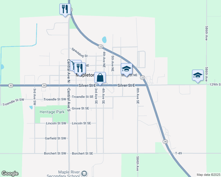 map of restaurants, bars, coffee shops, grocery stores, and more near 503 Silver Street East in Mapleton
