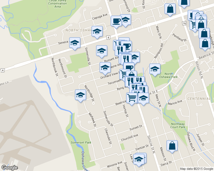 map of restaurants, bars, coffee shops, grocery stores, and more near 91 Tecumseh Avenue in Oshawa