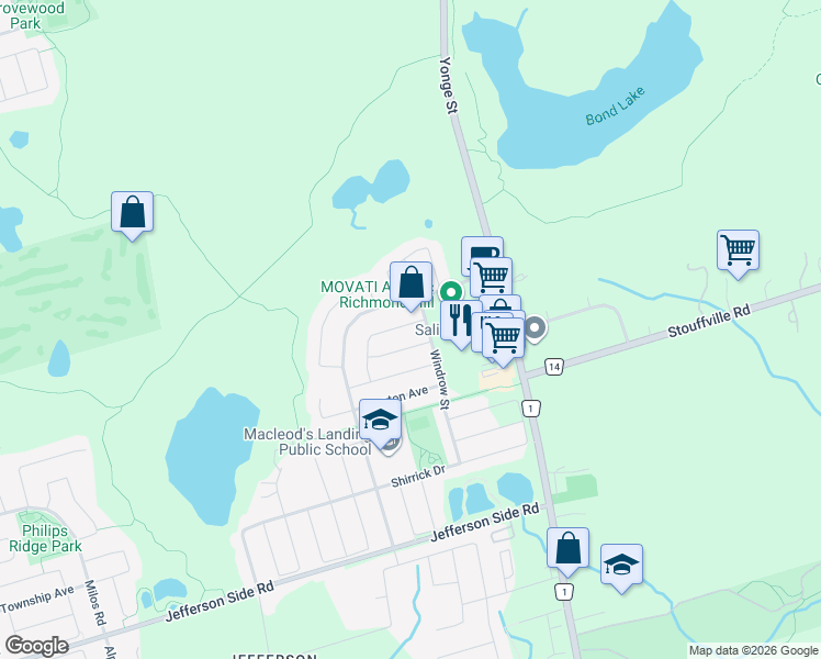 map of restaurants, bars, coffee shops, grocery stores, and more near 11 Brumstead Drive in Richmond Hill