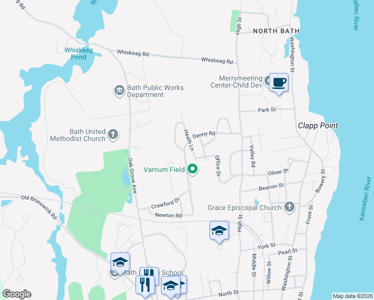 map of restaurants, bars, coffee shops, grocery stores, and more near 60 Denny Rd in Bath