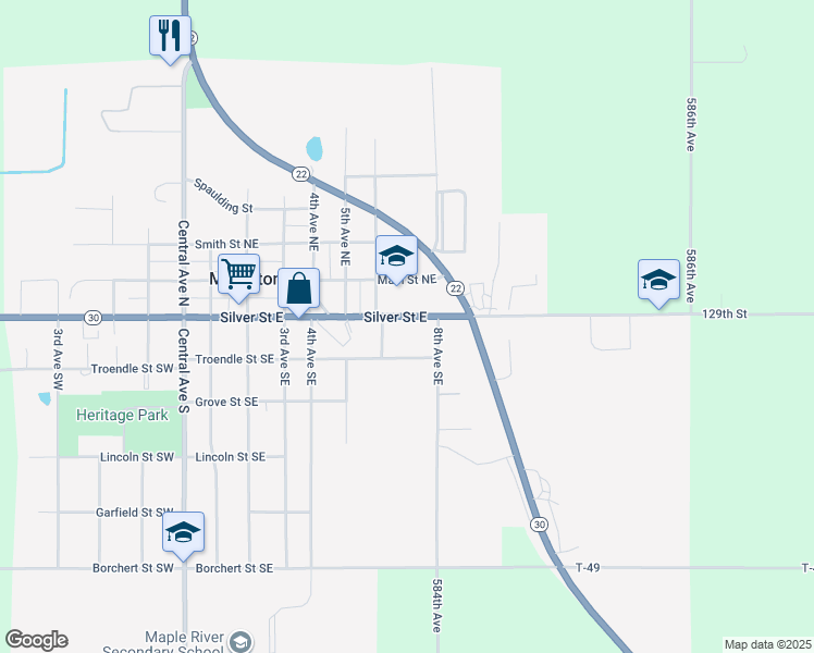 map of restaurants, bars, coffee shops, grocery stores, and more near 705 Silver Street East in Mapleton
