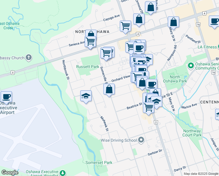 map of restaurants, bars, coffee shops, grocery stores, and more near 1173 Somerville Street in Oshawa