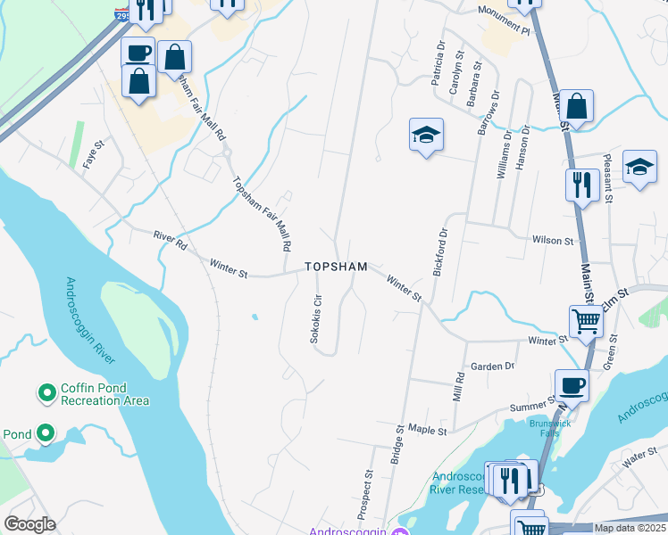 map of restaurants, bars, coffee shops, grocery stores, and more near in Topsham