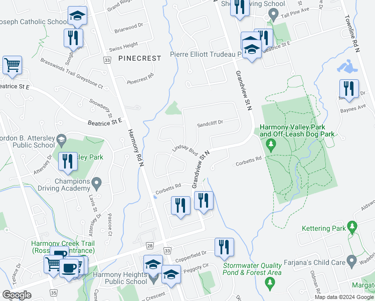 map of restaurants, bars, coffee shops, grocery stores, and more near 877 Lindsay Boulevard in Oshawa