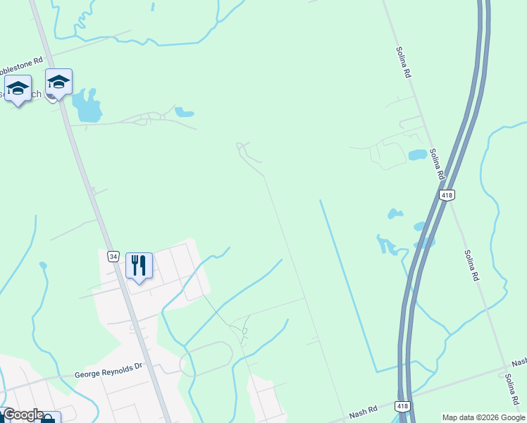 map of restaurants, bars, coffee shops, grocery stores, and more near 3500 Hancock Road in Courtice