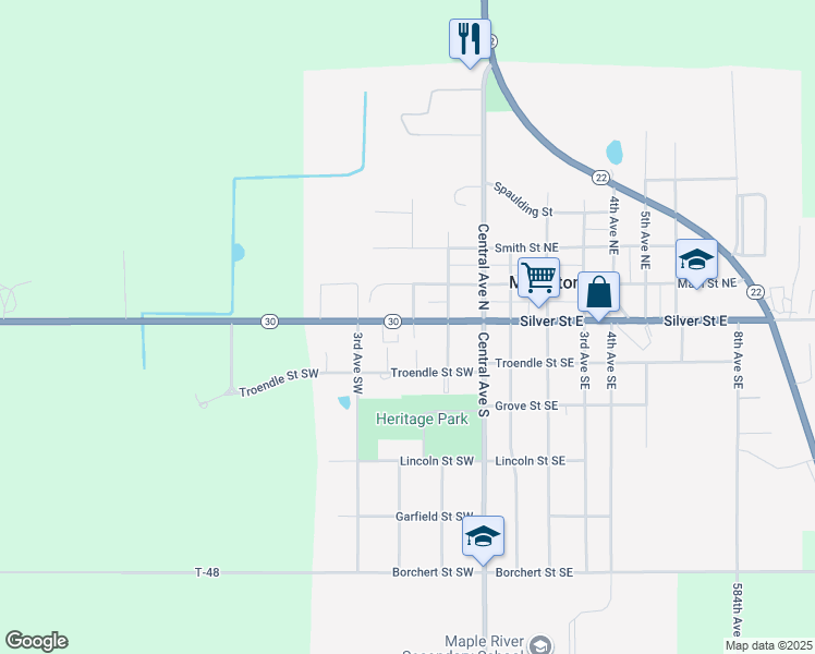 map of restaurants, bars, coffee shops, grocery stores, and more near 309 Silver Street West in Mapleton