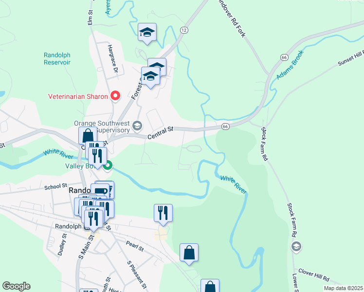 map of restaurants, bars, coffee shops, grocery stores, and more near Hedding Drive in Randolph