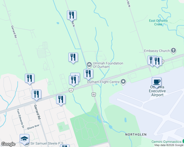 map of restaurants, bars, coffee shops, grocery stores, and more near 1395 Thornton Road North in Oshawa