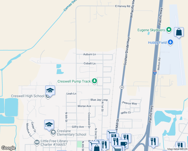 map of restaurants, bars, coffee shops, grocery stores, and more near 220 Honkers Street in Creswell