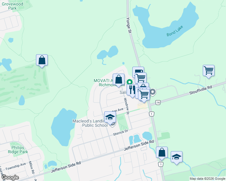 map of restaurants, bars, coffee shops, grocery stores, and more near 26 Brumstead Drive in Richmond Hill