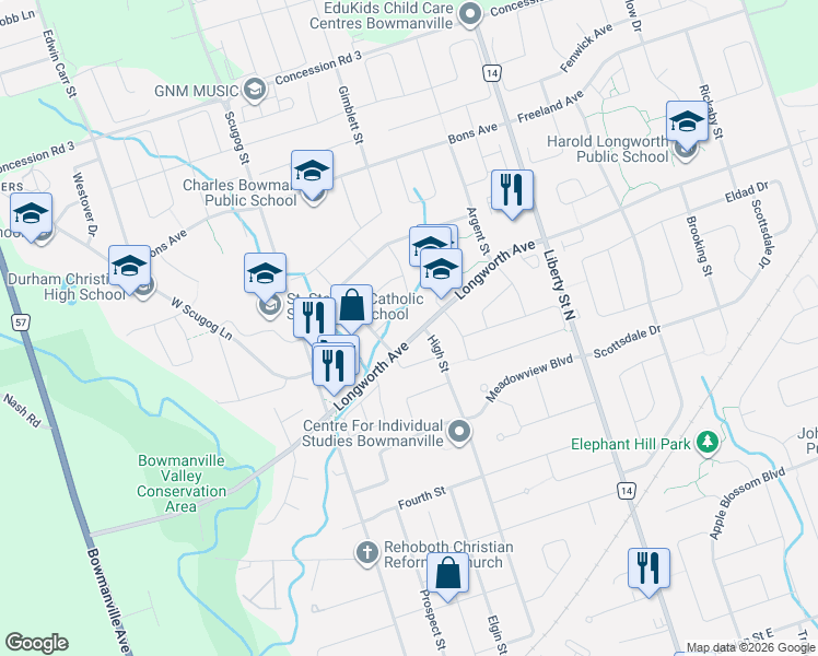 map of restaurants, bars, coffee shops, grocery stores, and more near 632 Longworth Avenue in Bowmanville