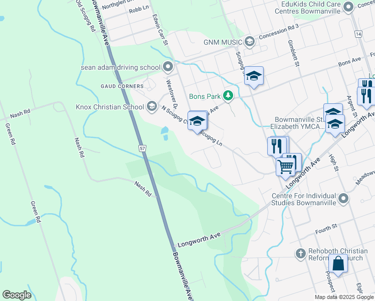 map of restaurants, bars, coffee shops, grocery stores, and more near 58 Willoughby Place in Bowmanville