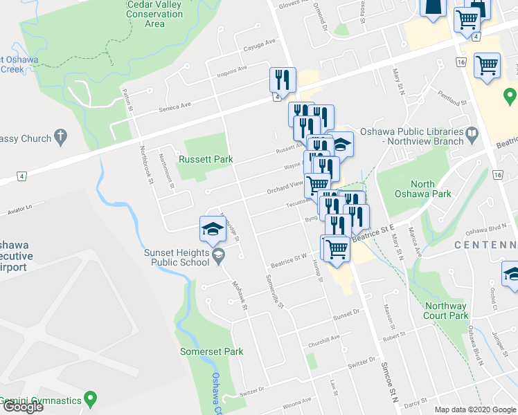 map of restaurants, bars, coffee shops, grocery stores, and more near 1173 Somerville Street in Oshawa