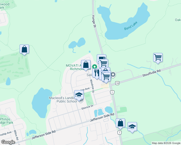 map of restaurants, bars, coffee shops, grocery stores, and more near 135 Windrow Street in Richmond Hill