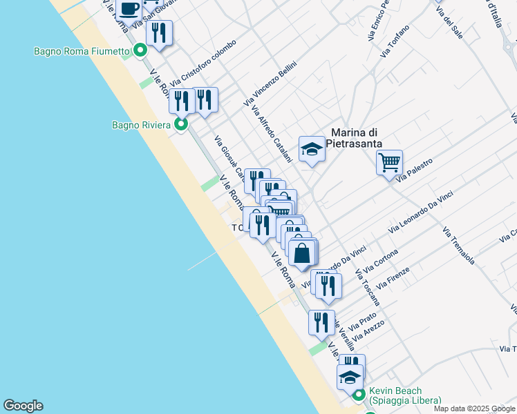 map of restaurants, bars, coffee shops, grocery stores, and more near 27 Via Giosuè Carducci in Pietrasanta