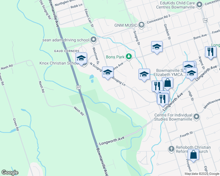 map of restaurants, bars, coffee shops, grocery stores, and more near 58 Willoughby Place in Bowmanville