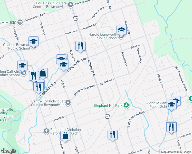 map of restaurants, bars, coffee shops, grocery stores, and more near 245 Durham Regional Road 14 in Bowmanville