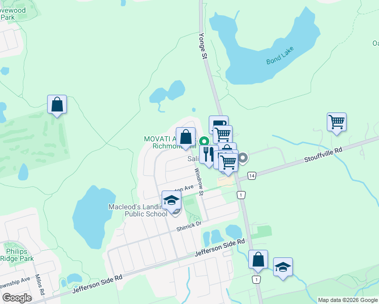 map of restaurants, bars, coffee shops, grocery stores, and more near 2 Brumstead Drive in Richmond Hill