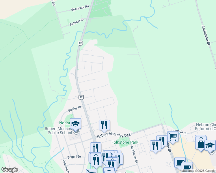 map of restaurants, bars, coffee shops, grocery stores, and more near 27 Upperview Place in Whitby